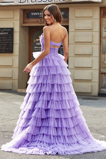 Tylle A-Line Purple Tiered Long Prom Dress med Slit